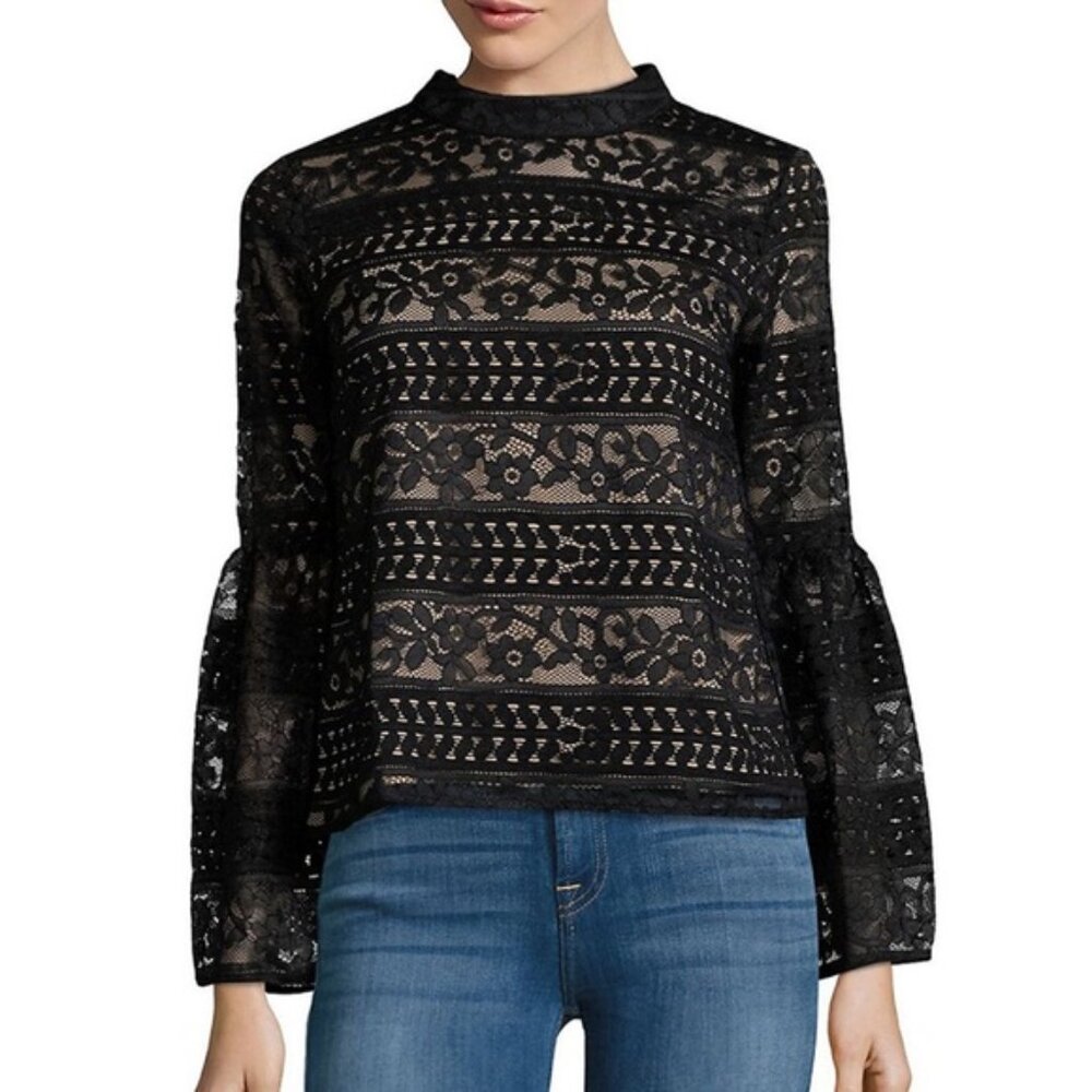 English Factory Black Floral Lace Top‎ Size S Bell Long Sleeve Nude Lining